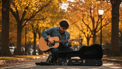 A young musician plays guitar on a vibrant autumn street, surrounded by golden foliage, creating a serene atmosphere perfect for an intimate performance
