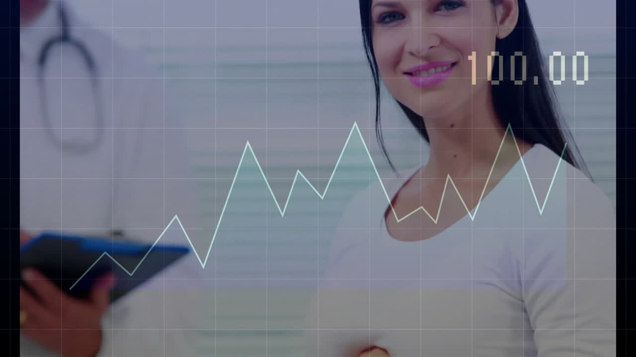 Pregnant woman gently cradling abdomen in clinic showing data grid rising graph and numeric 129