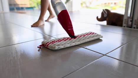 a person uses a spray mop on a tiled floor in a bright room, with a dog observing nearby