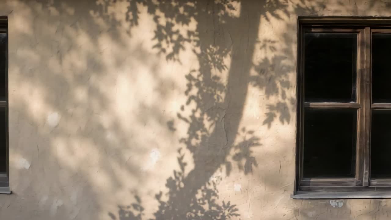 Panning camera moving right across stucco wall, revealing 2nd wooden 4-pane window and tree shadows