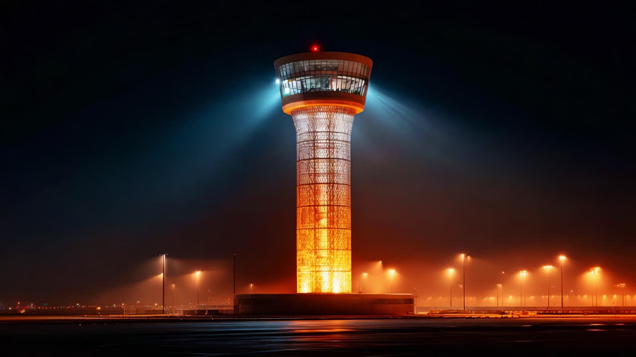 A striking view of an illuminated control tower at night, showcasing its modern architectural design with vibrant lighting, surrounded by an atmospheric ambiance of fog and distant airport lights