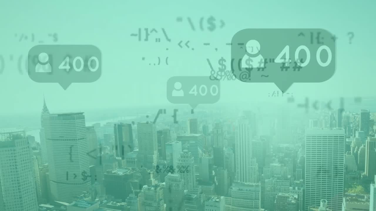 도시 풍경 위의 숫자로 데이터 처리의 애니메이션