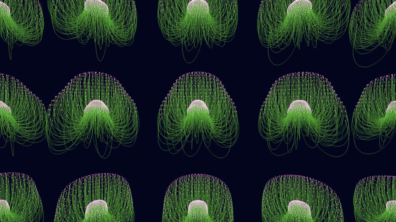 Abstract underwater footage of bioluminescent green jellyfish shapes drifting in a repeating pattern on a dark blue background, ideal for marine, science, and design themes