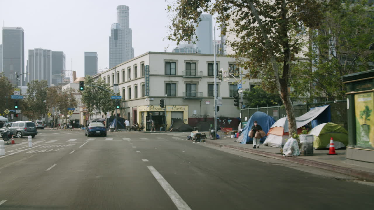 Homeless encampment on a street in Downtown Los Angeles