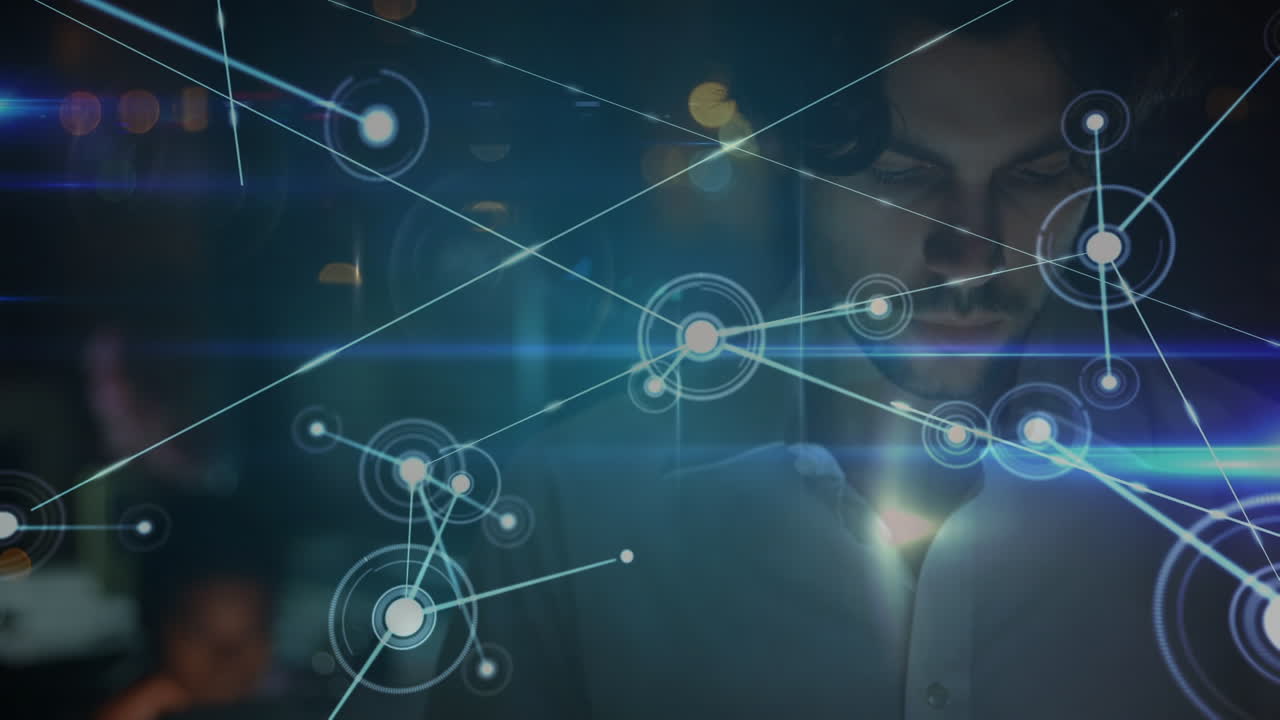 animación de la red de conexiones sobre el hombre caucásico usando computadora portátil