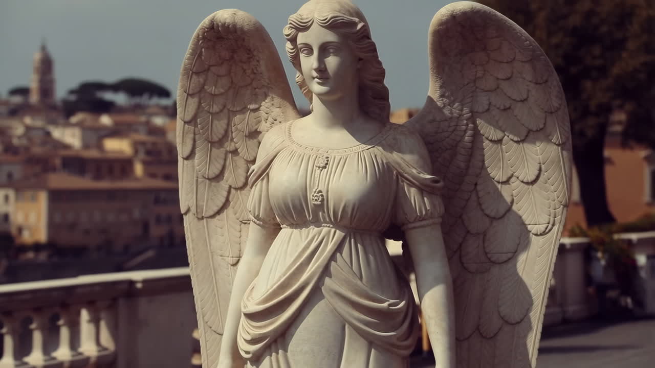Serene Marble Angel Statue with Wings in an Outdoor Setting