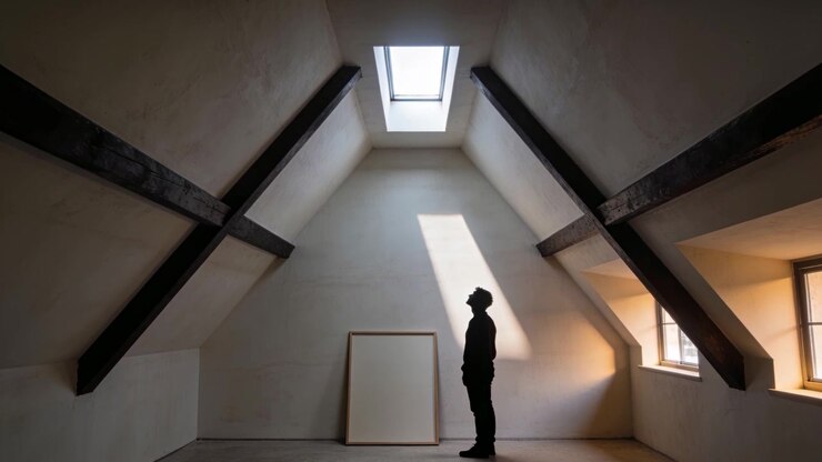 Gazing man shifting and looking toward skylight in attic, drawn by daylight patch on blank canvas