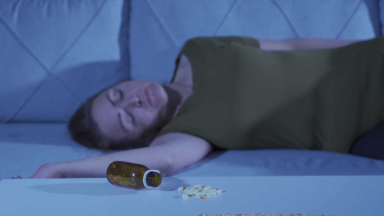 la mujer que mira las pastillas en su mano y va a suicidarse.