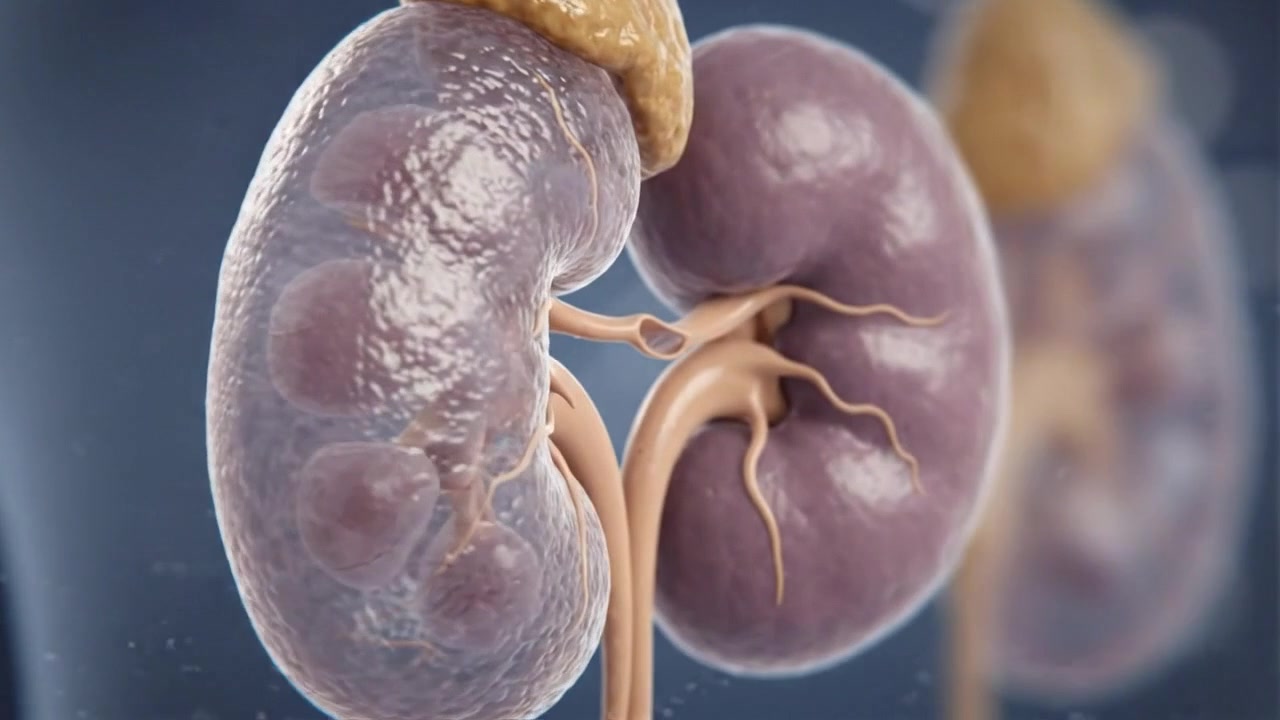 Transparent kidney and adrenal gland displayed in detailed medical visualization