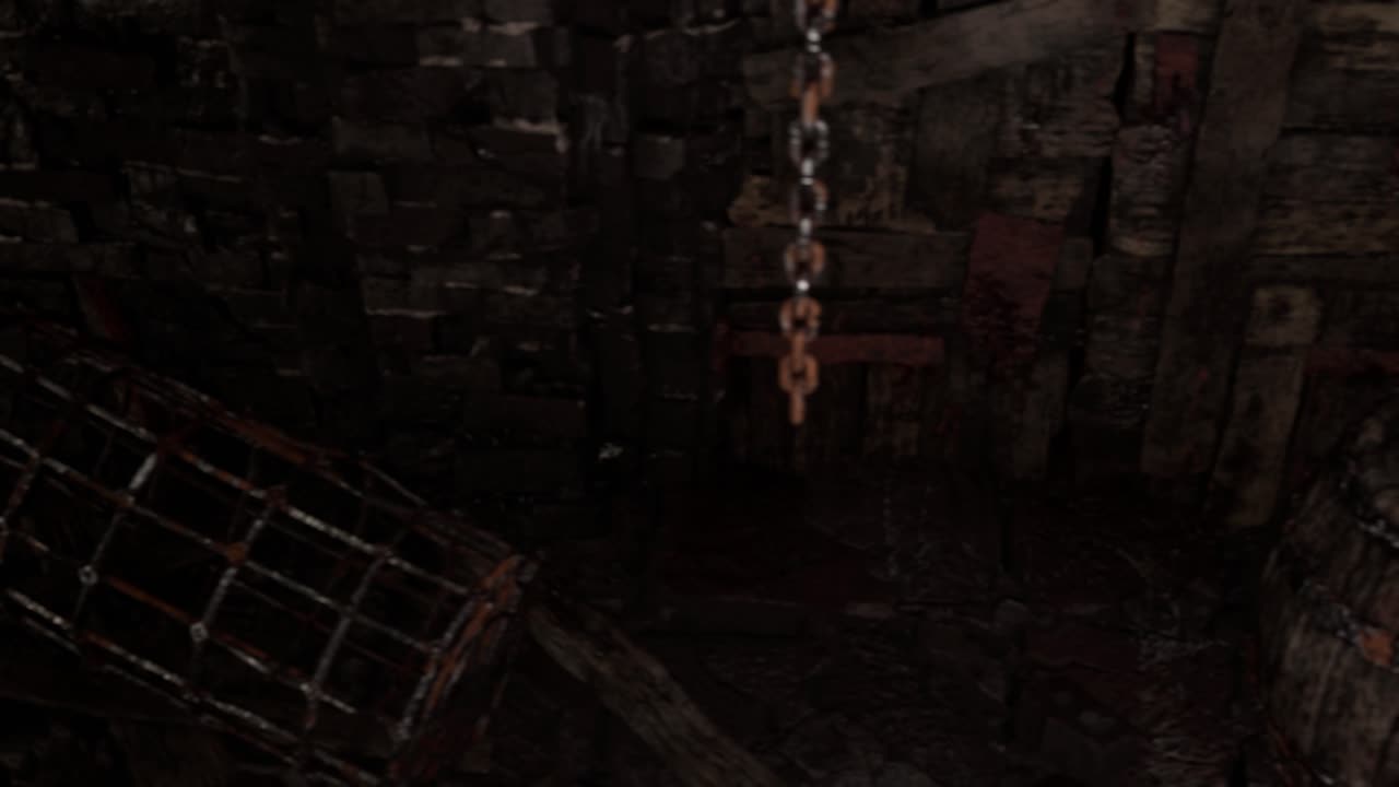 Scary dark dungeons with stone walls, old barrels, chains, car wheels, iron weapons, 3D animation