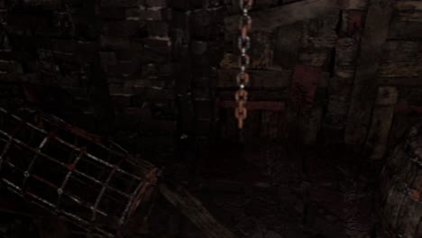 scary dark dungeons with stone walls, old barrels, chains, car wheels, iron weapons, 3d animation