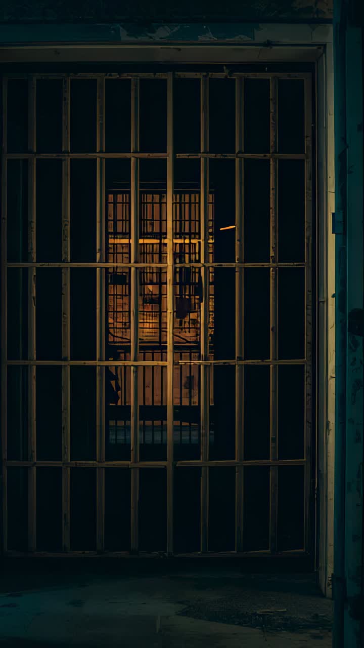 Vertical video: Recording camera filming metal barred gate amber-lit in tight corridor for safety