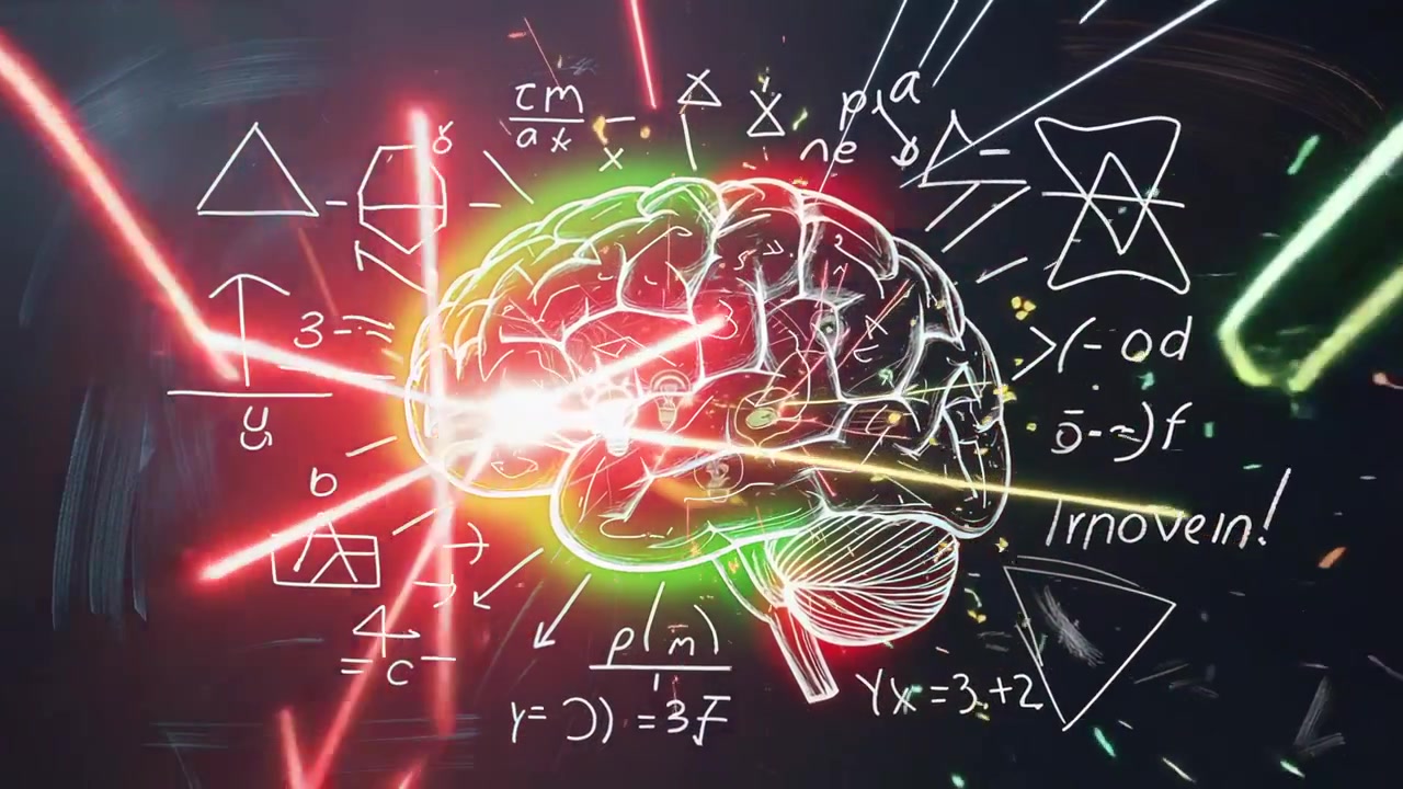 Appearing neon brain on school board, red beams converging, lightbulb brightening, frame sliding