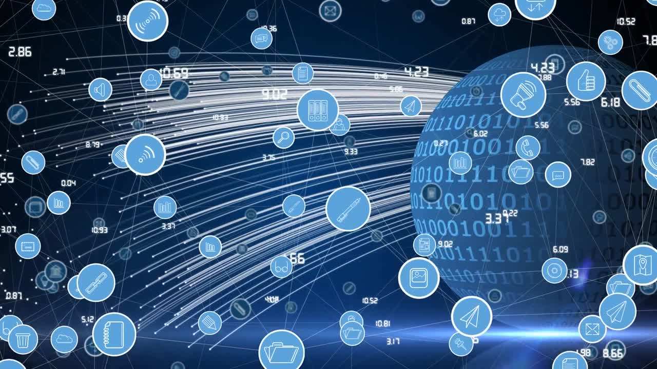 블루 스페이스의 바이너리 코드로 전 세계에 있는 다양한 기술 아이콘의 애니메이션