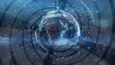 animation of networks of connections and globe over clock moving fast