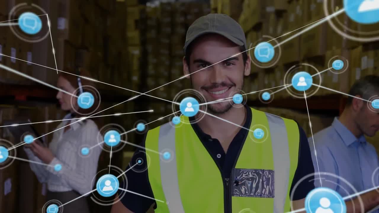 animación de formas, iconos conectados sobre trabajador caucásico de pie con las manos en el bolsillo.