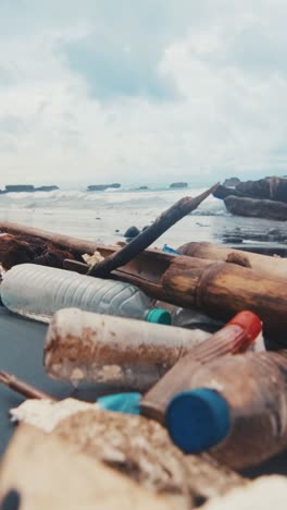 environmental disaster caused by ocean pollution and plastic garbage on beach