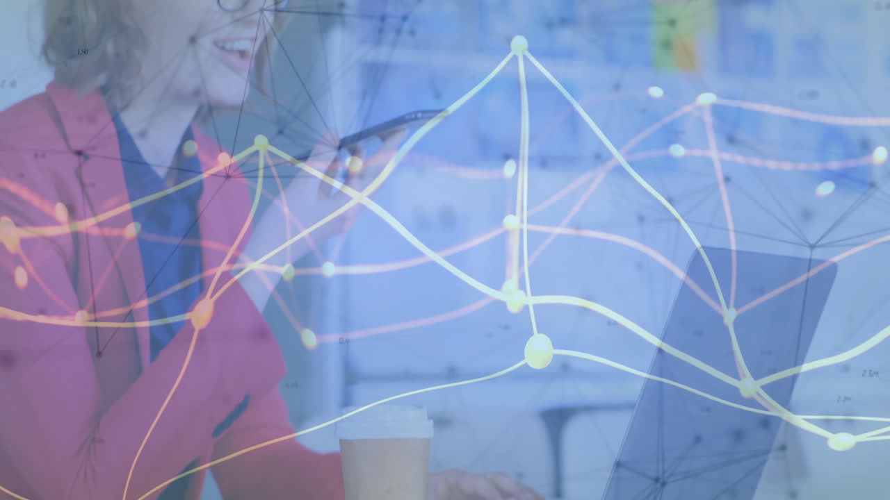 Businesswoman using smartphone and laptop with data network animation overlay