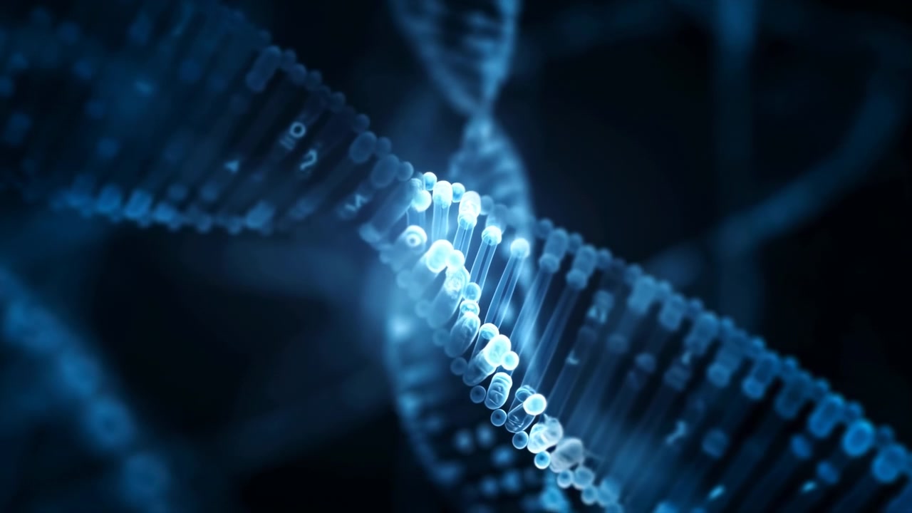 Filamento di DNA blu astratto che brilla vicino al centro di uno sfondo scuro sfocato con punti luminosi brillanti, suggerendo biotecnologia e ricerca scientifica.