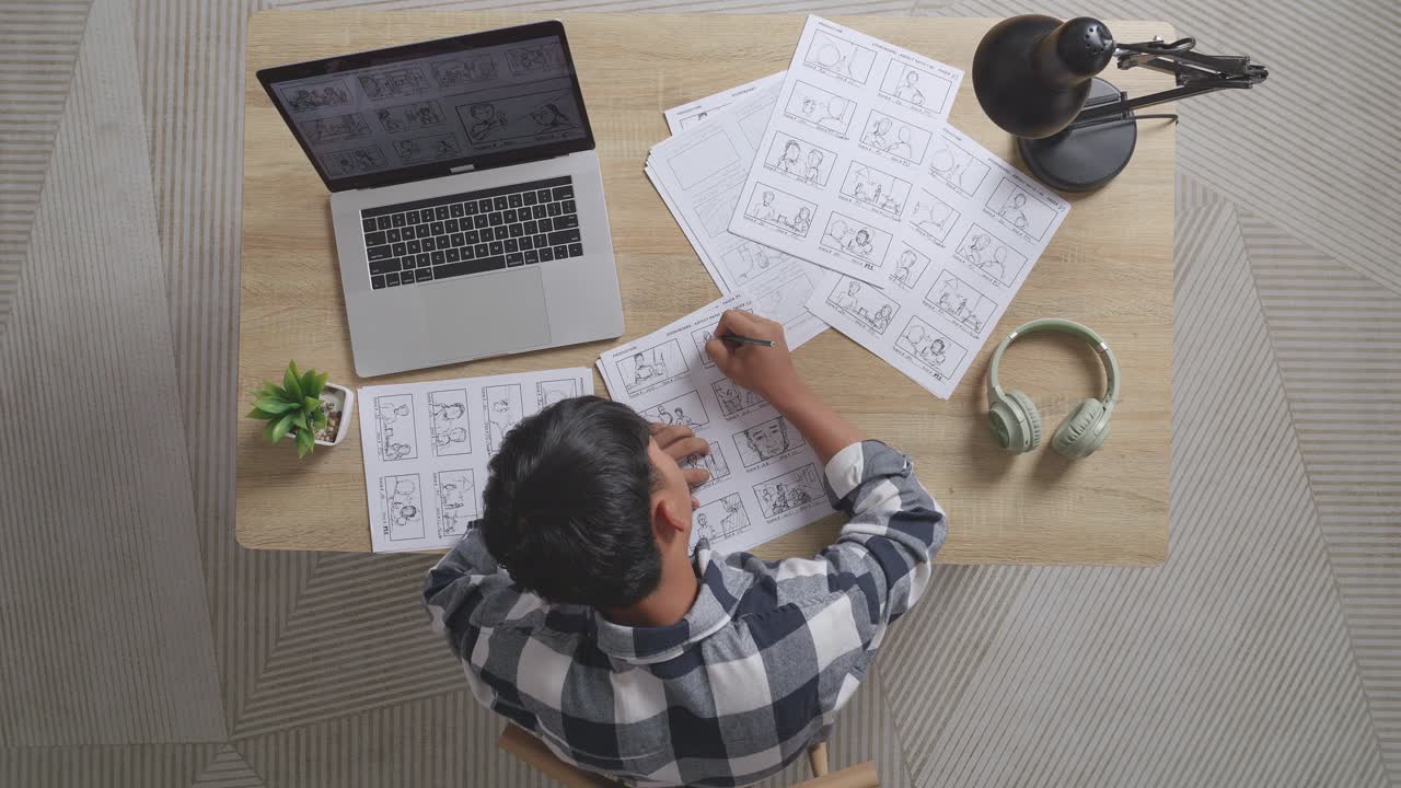 vista superior de un artista masculino asiático dibujando un guión gráfico para la película en la mesa con una computadora portátil y auriculares en el estudio