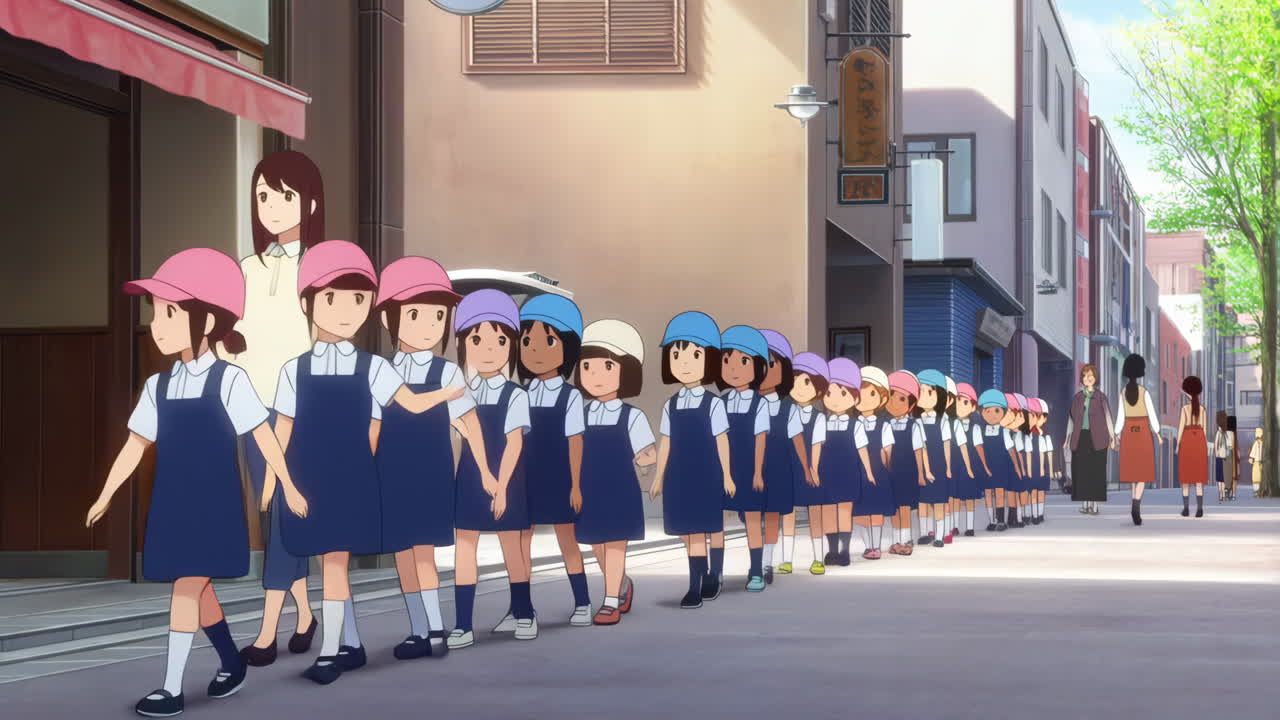 A long line of kindergarten children in uniforms walking down a street