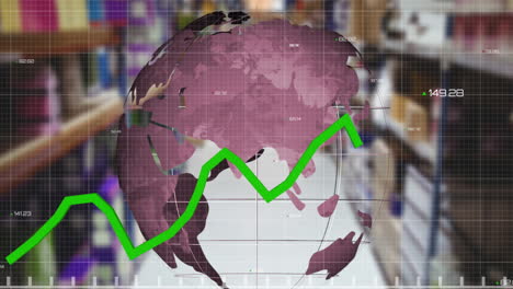 animation of green line processing with globe over warehouse