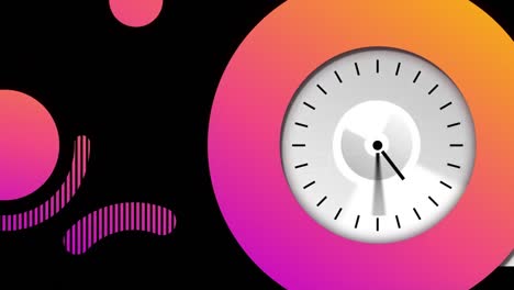animation of moving shapes and clock over black background