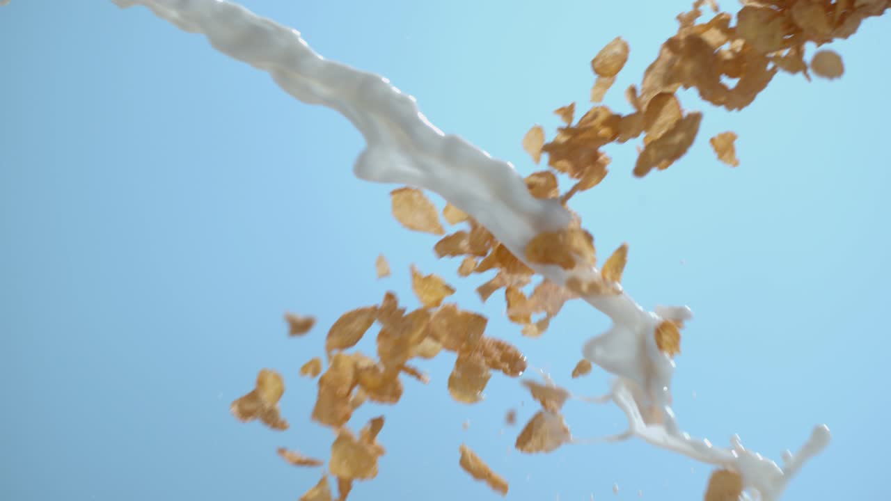 Müsli und Milch gießen und spritzen in Zeitlupe.