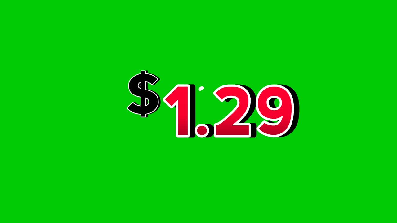 Animazione grafica in movimento con cartellino del prezzo di 1,29 dollari con numeri rossi in grassetto su sfondo verde con effetti di fumo. Il simbolo del dollaro è ben visibile, perfetto per promozioni, annunci pubblicitari, banner e marketing