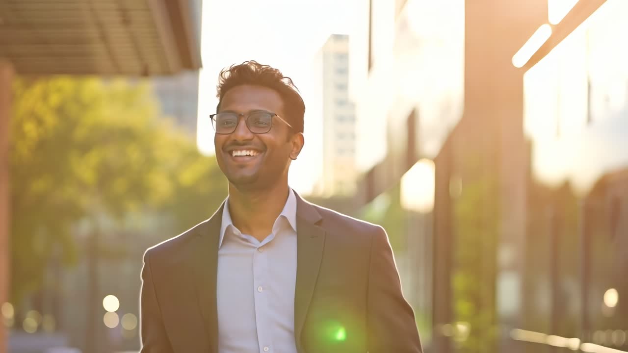 A low-angle video shot of a smiling man in a suit walking outdoors, with sunlight creating a warm