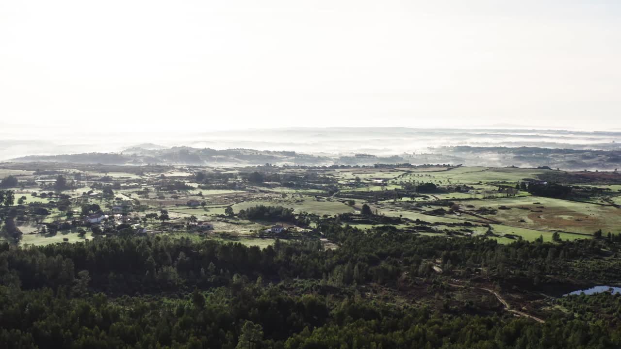 disparo de avión no tripulado de paisaje montañoso empapado de sol con plantaciones, campos y árboles