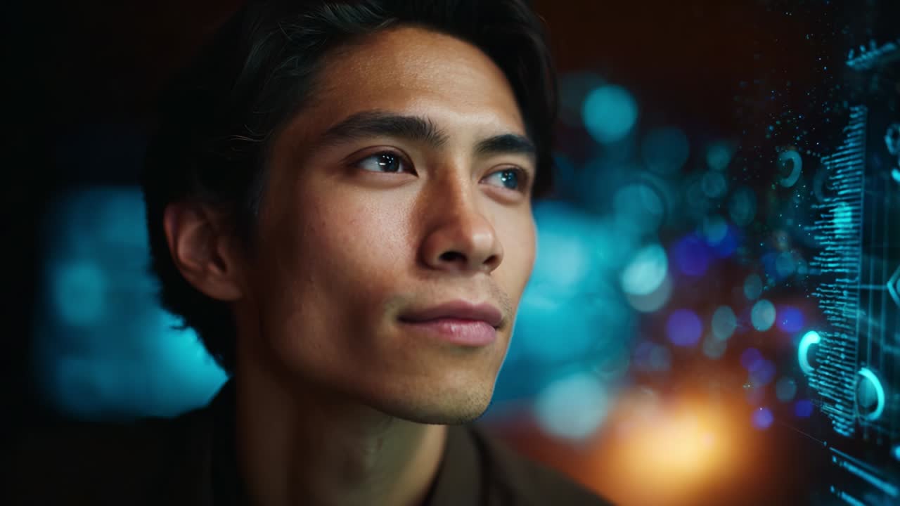 A Young Man Deep in Thought Surrounded by Futuristic Technology and Digital Interfaces, Exploring the Intersection of Human Emotion and Artificial Intelligence in a High-Tech World