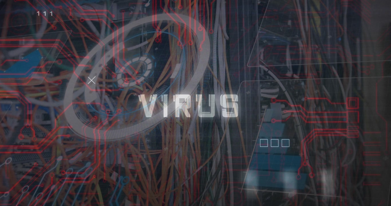 Animation of virus text and data processing over computer cables