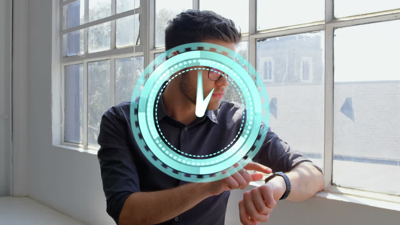 사무실에서 사업가 위에 빠르게 움직이는 시계의 애니메이션