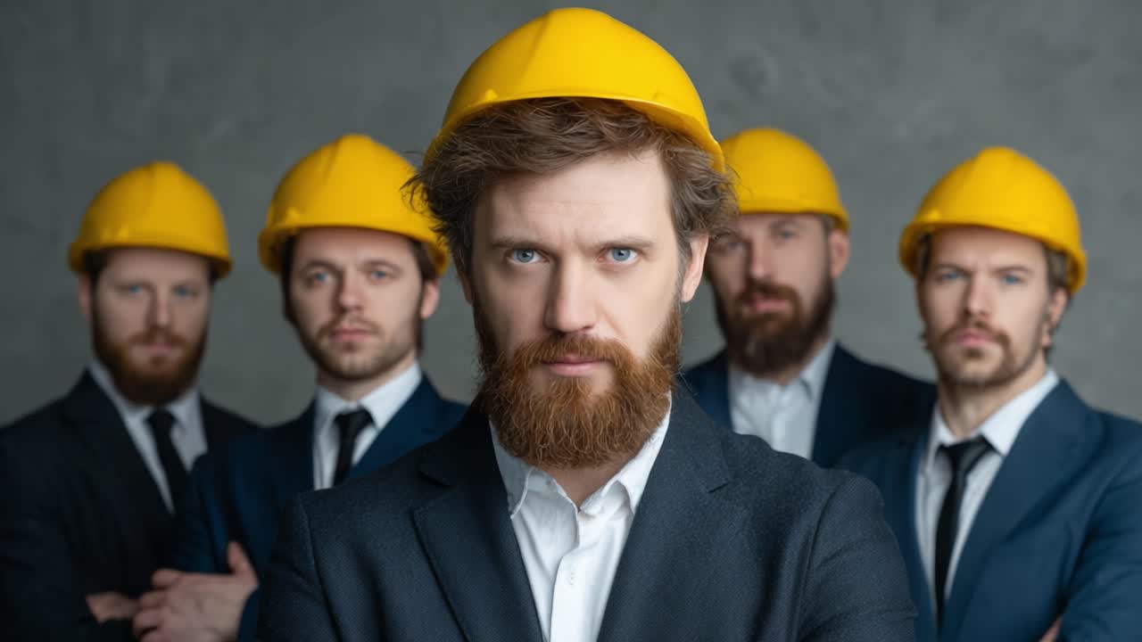 A group of confident construction professionals with yellow hard hats, showcasing leadership and teamwork in a modern business environment, emphasizing strength and collaboration