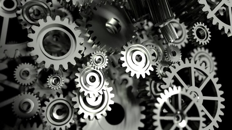 3D Rendering the rotation wheel gear, Spinning engine cog, for industrial and teamwork metaphor concept, with a depth of field effect, dark and grain processed