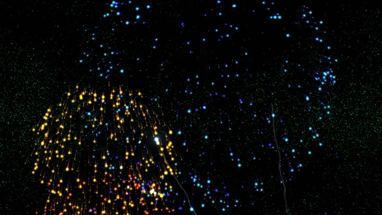 animación de feliz ano nuevo en texto verde con coloridos fuegos artificiales de año nuevo que explotan en el cielo nocturno