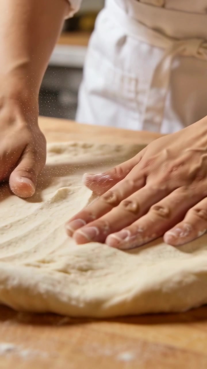 Video verticale: Panettiere che inizia posizionando il palmo e premendo l'impasto su un tagliere da cucina per appiattirlo, grembiule bianco