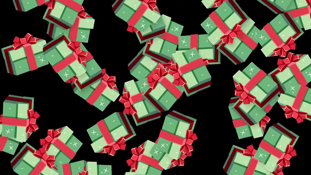 3D animated green gift boxes with red ribbons falling continuously across a black background.