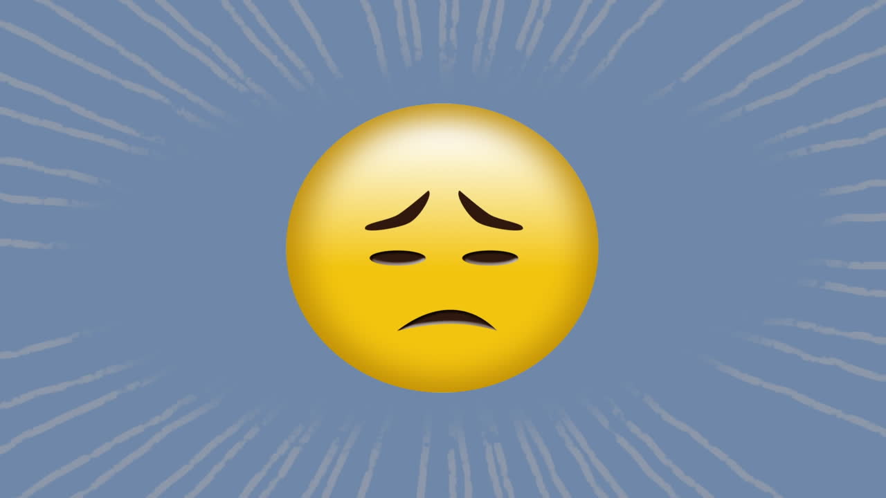 파란색 배경에 움직이는 방사선에 대한 슬픈 얼굴 이모티콘의 디지털 애니메이션