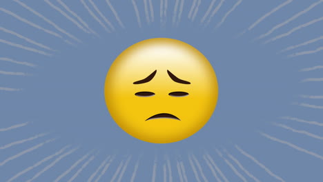 digital animation of sad face emoji against moving radial rays on blue background