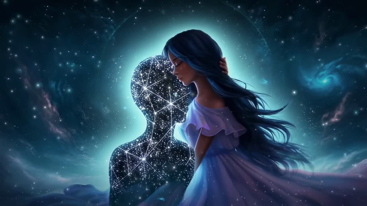 Concept video etereo di una donna che abbraccia una silhouette stellata, ripreso da un angolo laterale