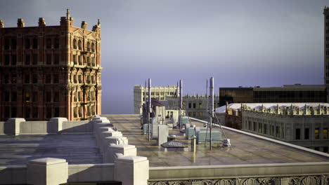 rooftop view showcasing urban architecture and skyline details at dusk