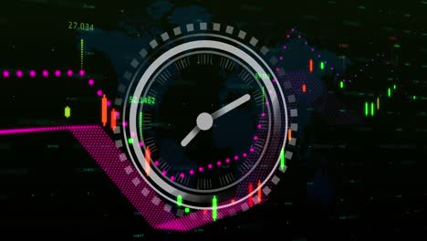 Animation-of-ticking-clock-and-financial-data-processing-over-world-map-against-black-background