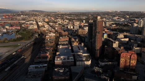 aerial time lapse of sunset over vancouver gastown