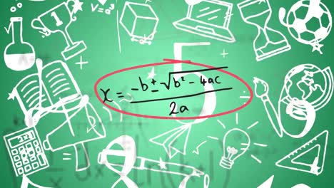 Ecuaciones-Matemáticas-Flotando-Contra-El-Icono-Del-Concepto-Escolar-Sobre-Fondo-Verde