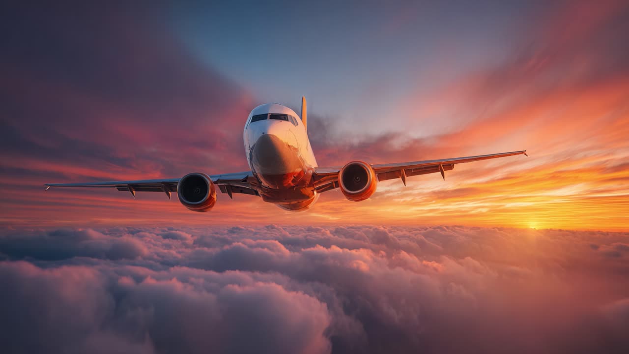 Una vista mozzafiato di un aereo che vola sopra le nuvole al tramonto, catturando i colori vivaci del cielo e la serenità del viaggio aereo