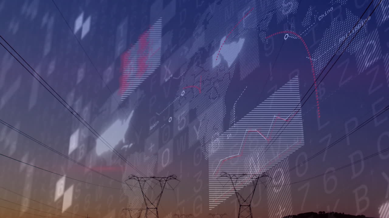 Power transmission towers standing against dusk sky, showing dotted globe and flowing data charts
