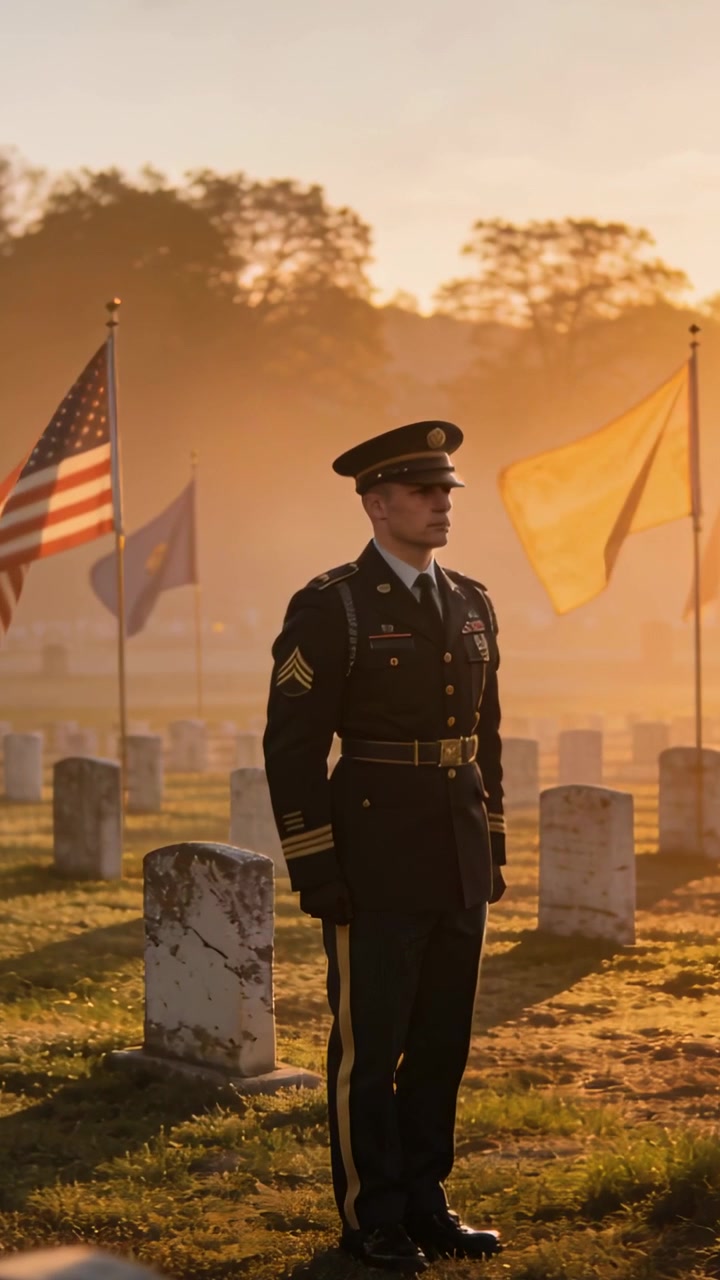 Video verticale: Soldato in uniforme in piedi all'alba in un cimitero che sposta lo sguardo, onorando le lapidi.