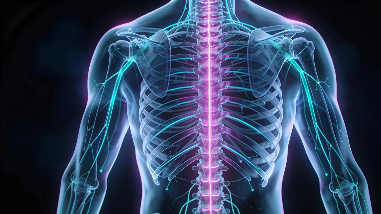 Animating torso in virtual lab, playback starting and revealing pulsing spinal cord for education